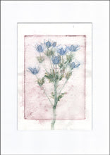 Indlæs billede til gallerivisning Original botanisk kunsttryk af tidsel i rosa, blå og grønne toner. 42x59,4 cm.