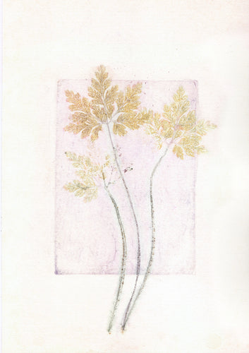 Original botanisk kunsttryk af blade i pink og gule toner. 20,4x26,6 cm.