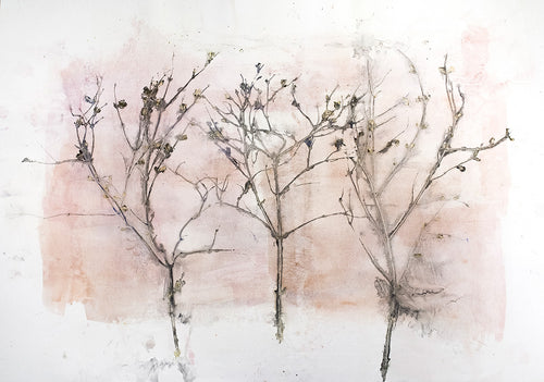 Original botanisk kunsttryk af grene i rosa og grå toner. 70x100 cm.