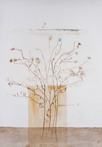 Original botanisk kunsttryk af mark blomster i okker, brune og blå toner. 42x59,4 cm.